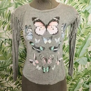 Girls Justice Gray Butterfly Long Sleeve T-shirt w/ Fringe